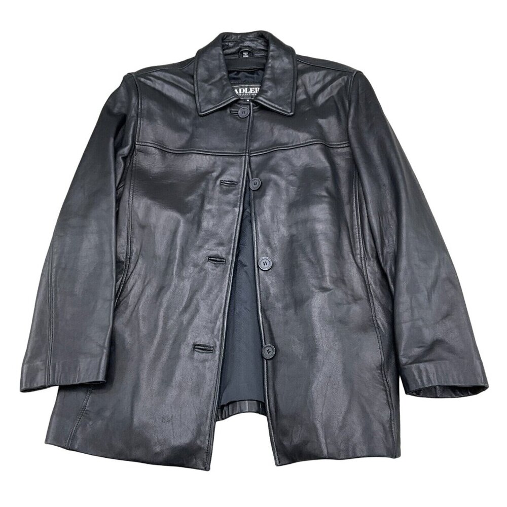 Adler Coat Women Medium Black Leather Logo Button Casual Everyday Jacket 90s VTG